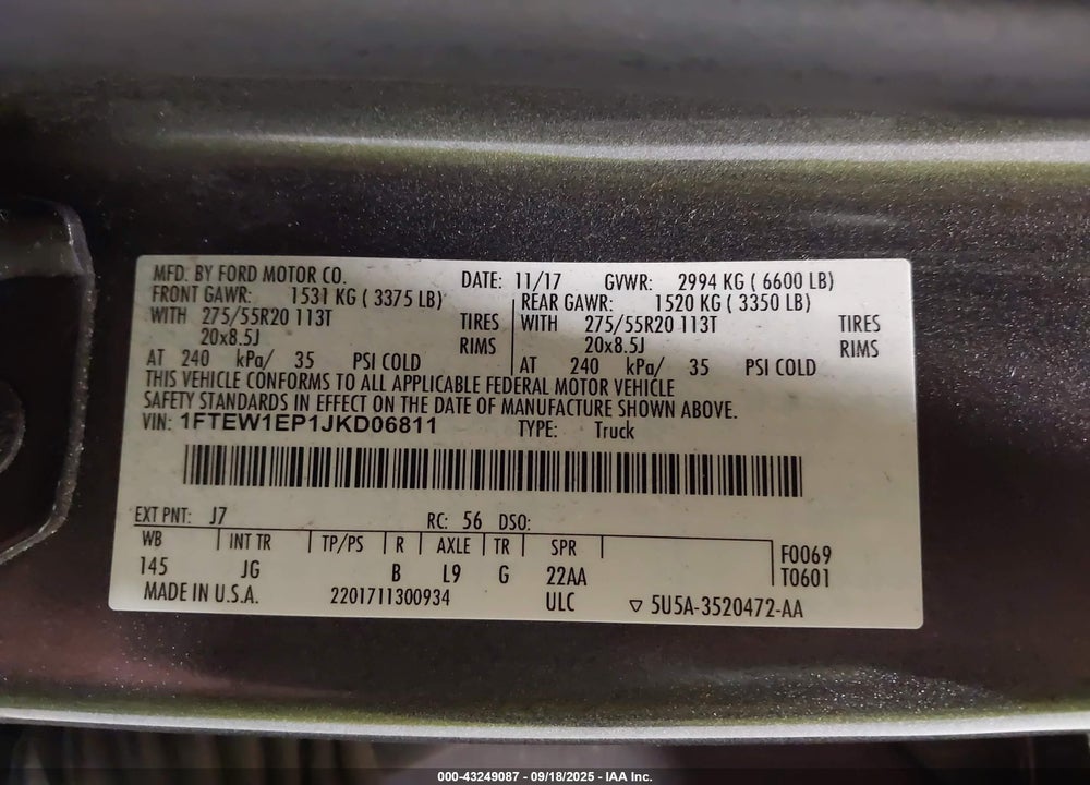 2018 FORD F-150 VIN: 1FTEW1EP1JKD06811