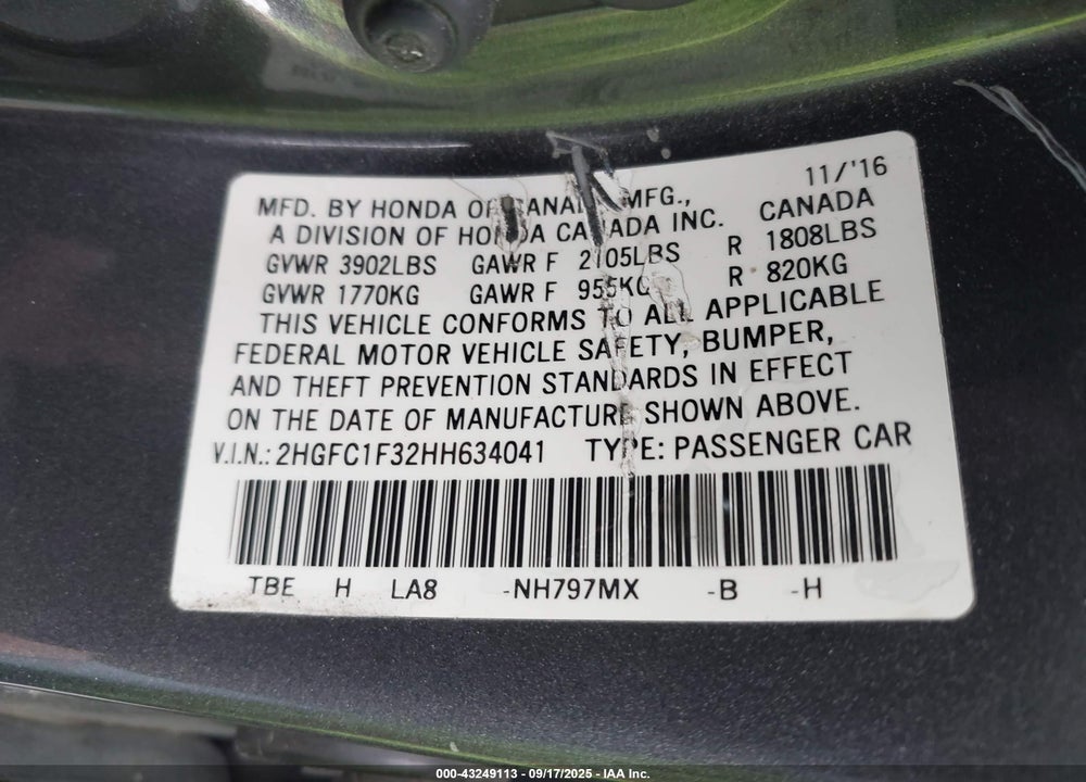 2017 HONDA CIVIC VIN: 2HGFC1F32HH634041