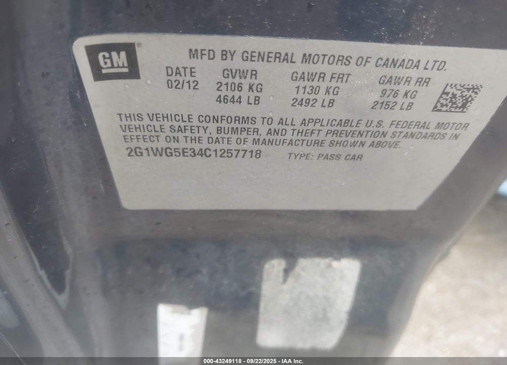 2012 CHEVROLET IMPALA VIN: 2G1WG5E34C1257718