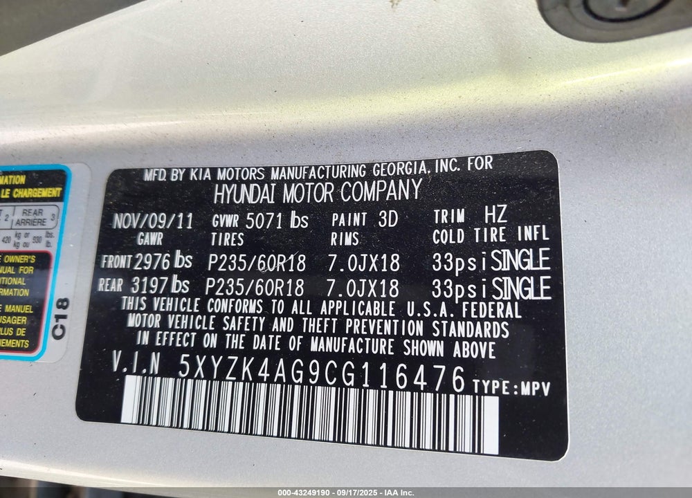 2012 HYUNDAI SANTA FE VIN: 5XYZK4AG9CG116476