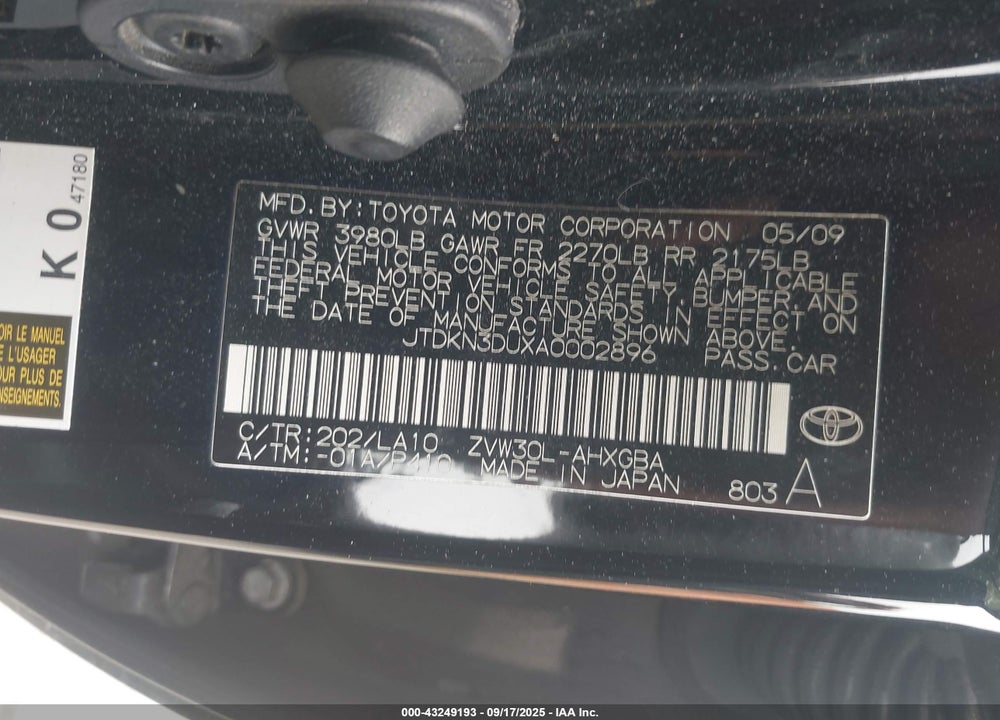 2010 TOYOTA PRIUS VIN: JTDKN3DUXA0002896
