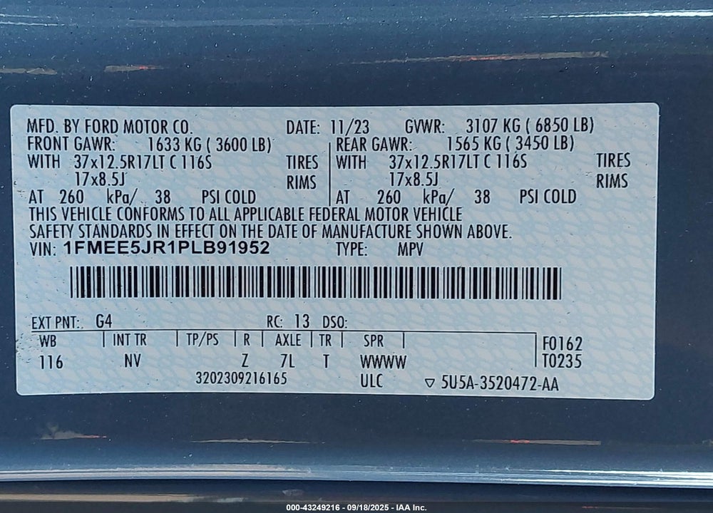 2023 FORD BRONCO RAPTOR VIN: 1FMEE5JR1PLB91952