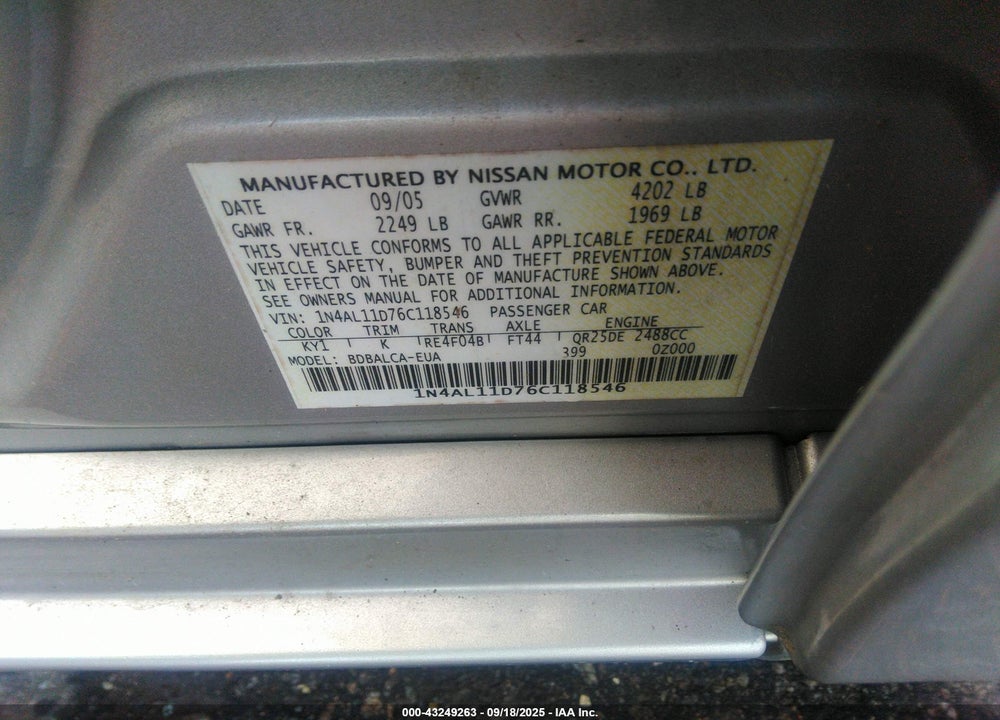 2006 NISSAN ALTIMA 2.5 S VIN: 1N4AL11D76C118546