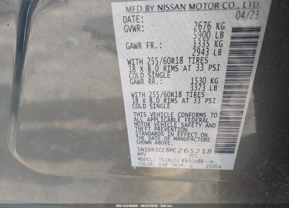2023 NISSAN PATHFINDER VIN: 5N1DR3CC8PC265218