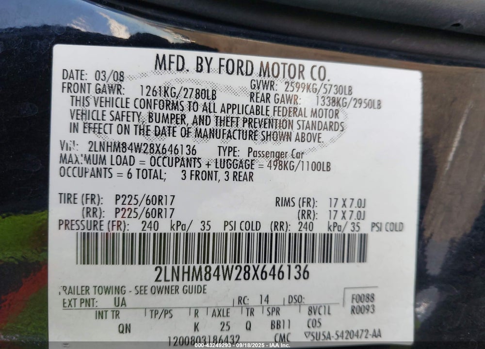 2008 LINCOLN TOWN CAR LIVERY PKG VIN: 2LNHM84W28X646136