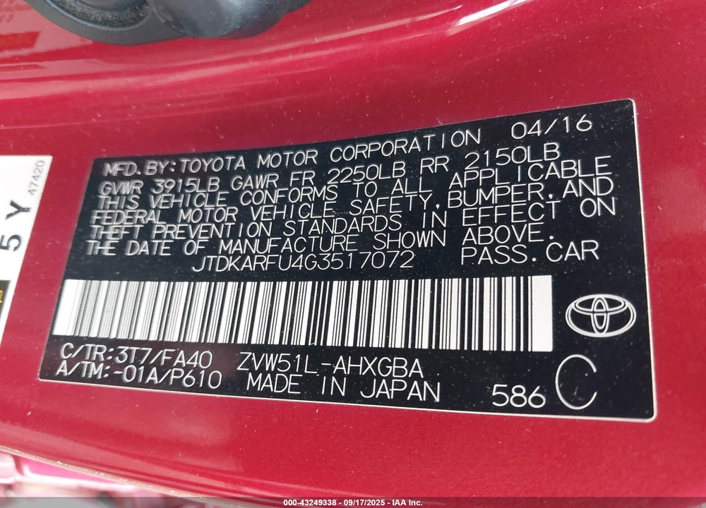 2016 TOYOTA PRIUS VIN: JTDKARFU4G3517072
