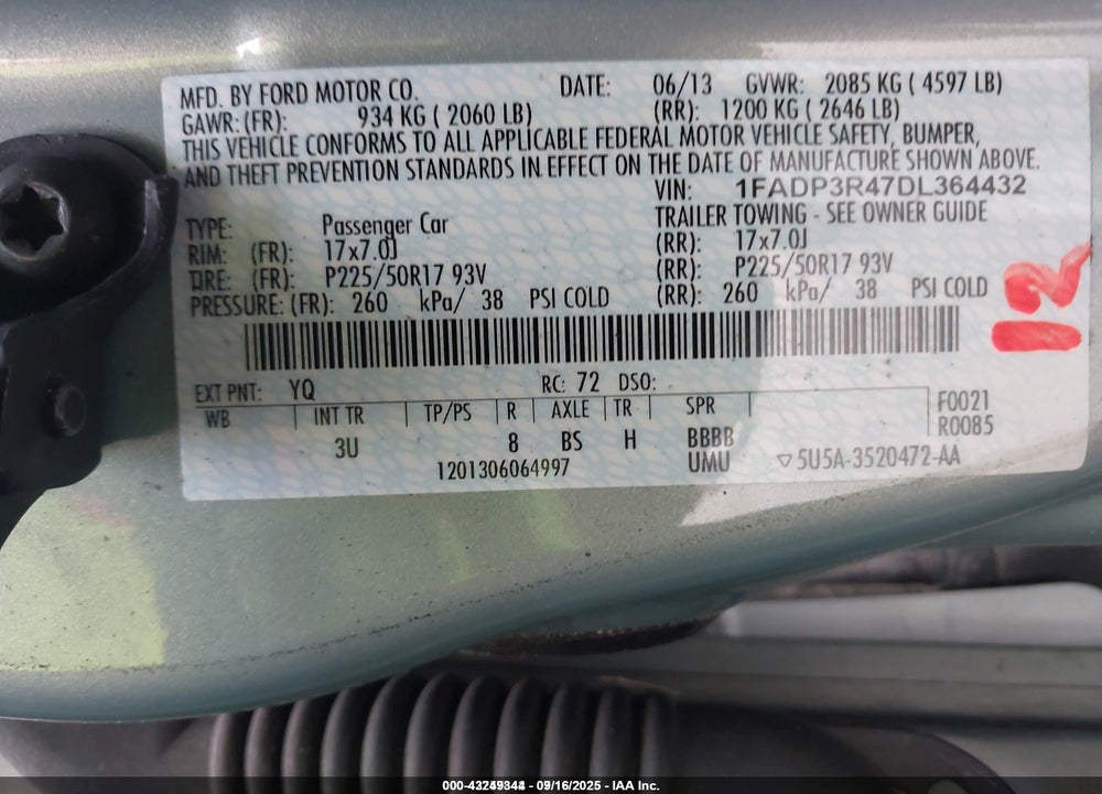 2013 FORD FOCUS ELECTRIC VIN: 1FADP3R47DL364432