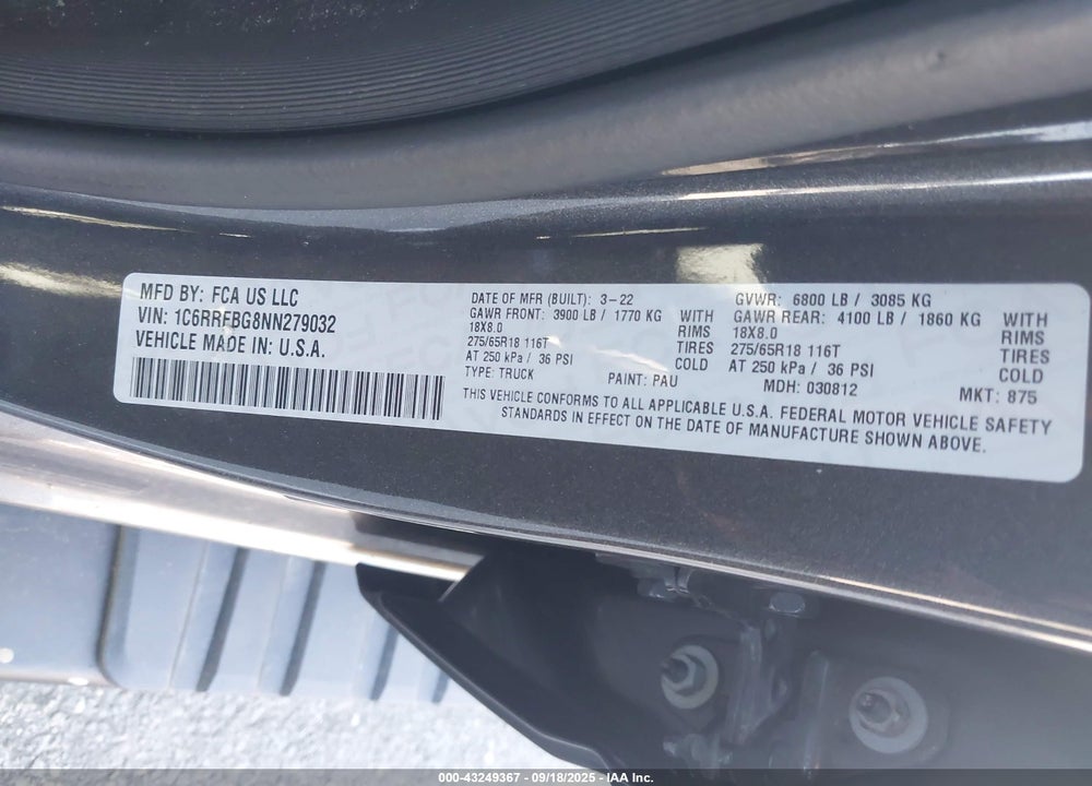 2022 RAM 1500 BIG HORN 4X4 6'4 BOX VIN: 1C6RRFBG8NN279032