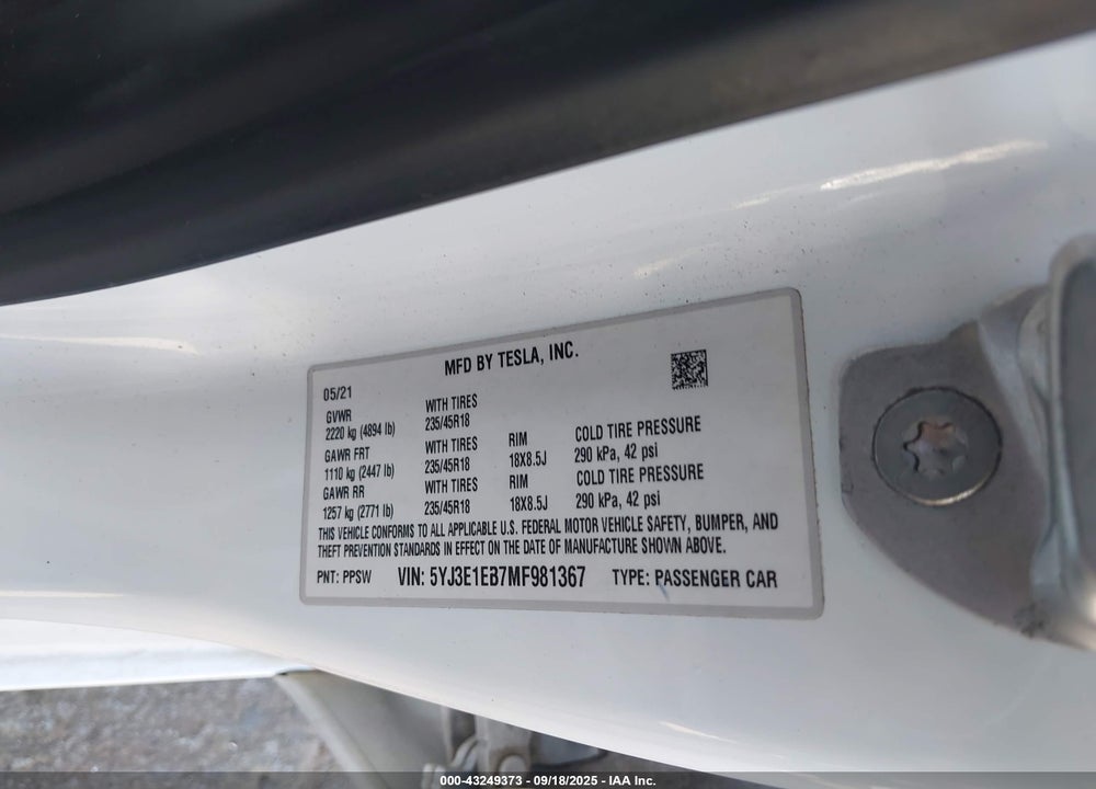 2021 TESLA MODEL 3 VIN: 5YJ3E1EB7MF981367