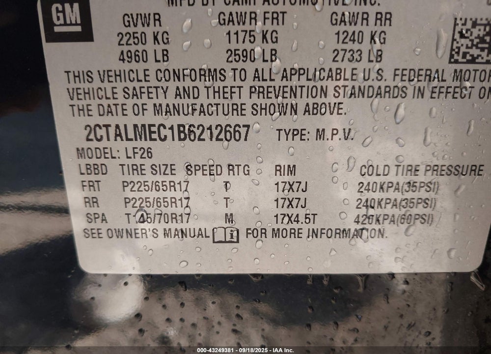 2011 GMC TERRAIN VIN: 2CTALMEC1B6212667