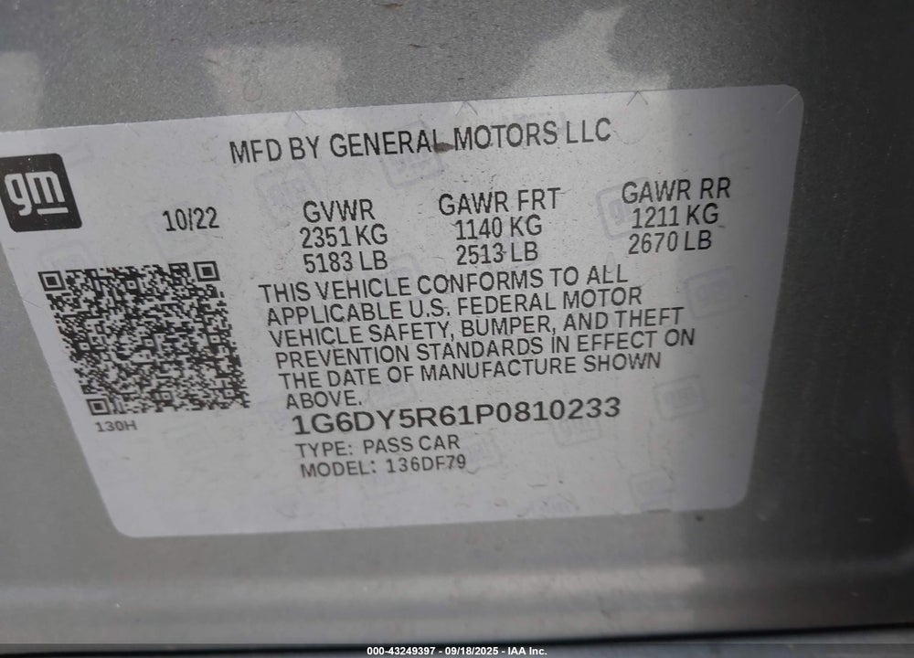 2023 CADILLAC CT5 VIN: 1G6DY5R61P0810233