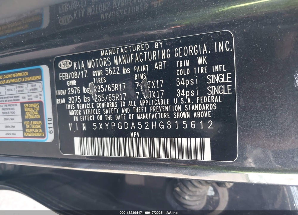 2017 KIA SORENTO VIN: 5XYPGDA52HG315612