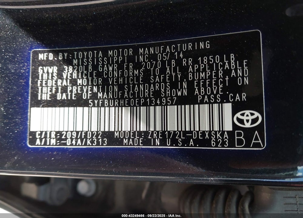2014 TOYOTA COROLLA VIN: 5YFBURHE0EP134957