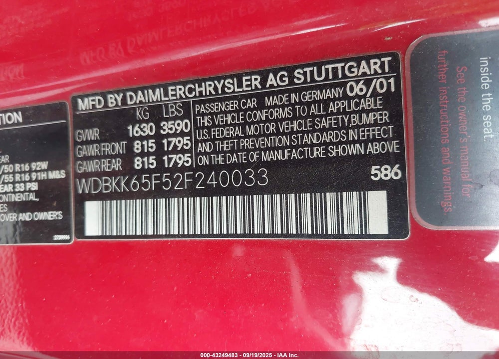 2002 MERCEDES-BENZ SLK 320 VIN: WDBKK65F52F240033