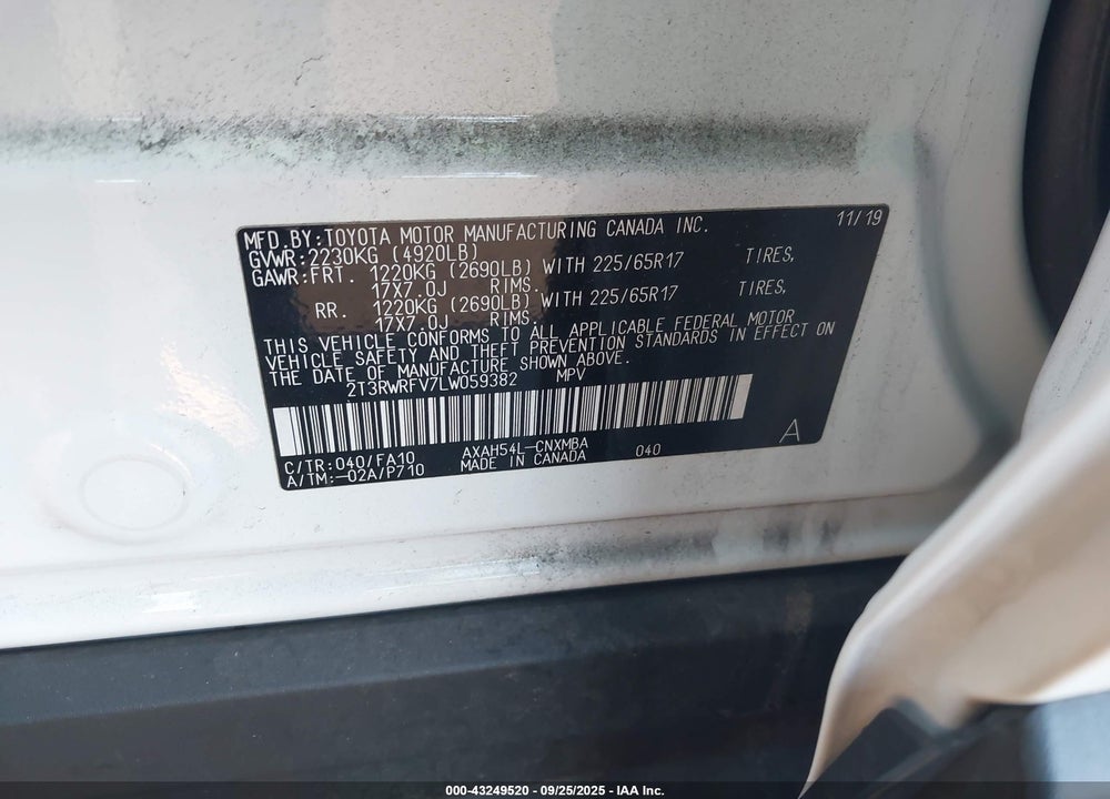 2020 TOYOTA RAV4 HYBRID XLE VIN: 2T3RWRFV7LW059382