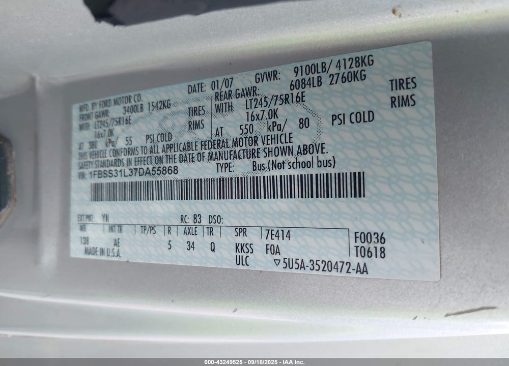 2007 FORD E-350 SUPER DUTY XL/XLT VIN: 1FBSS31L37DA55868