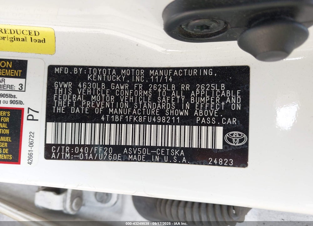 2015 TOYOTA CAMRY SE VIN: 4T1BF1FK8FU498211