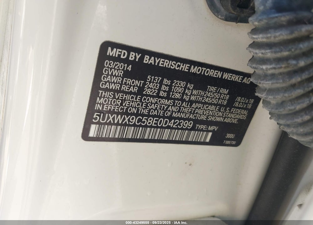 2014 BMW X3 XDRIVE28I VIN: 5UXWX9C58E0D42399