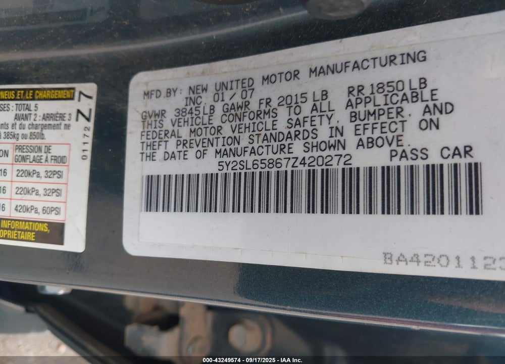 2007 PONTIAC VIBE VIN: 5Y2SL65867Z420272