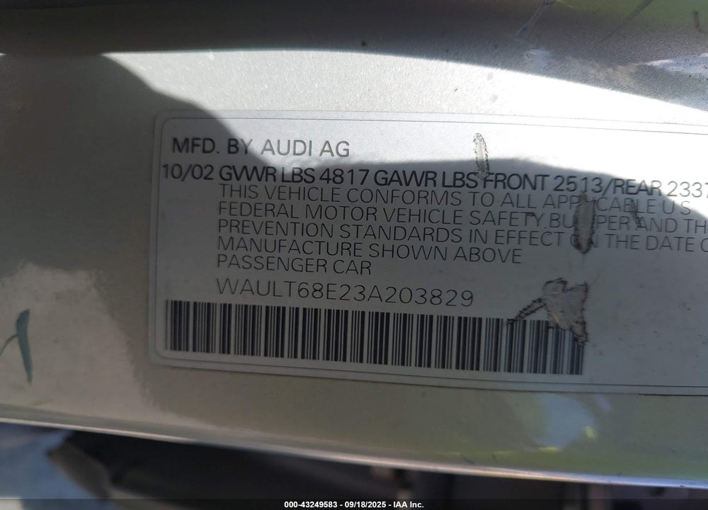 2003 AUDI A4 3.0 VIN: WAULT68E23A203829