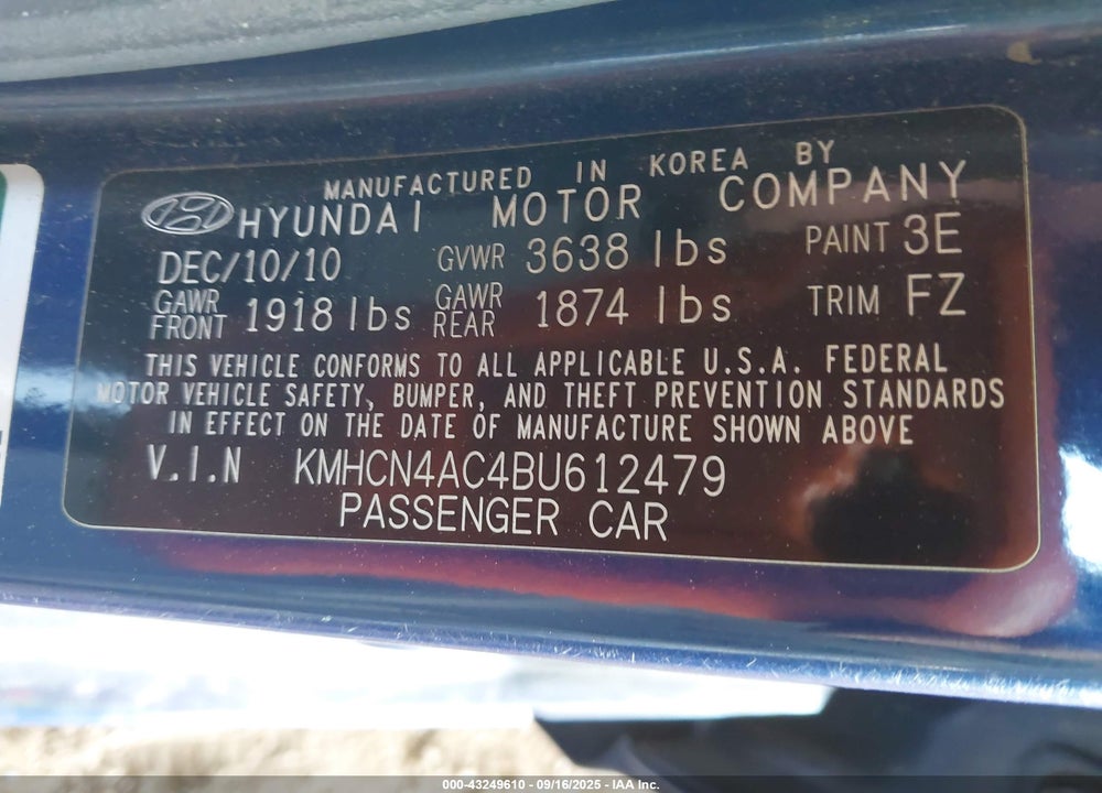 2011 HYUNDAI ACCENT VIN: KMHCN4AC4BU612479