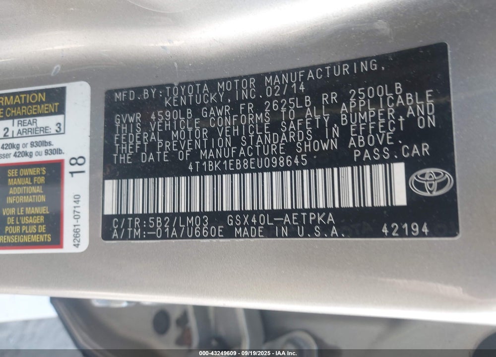 2014 TOYOTA AVALON VIN: 4T1BK1EB8EU098645