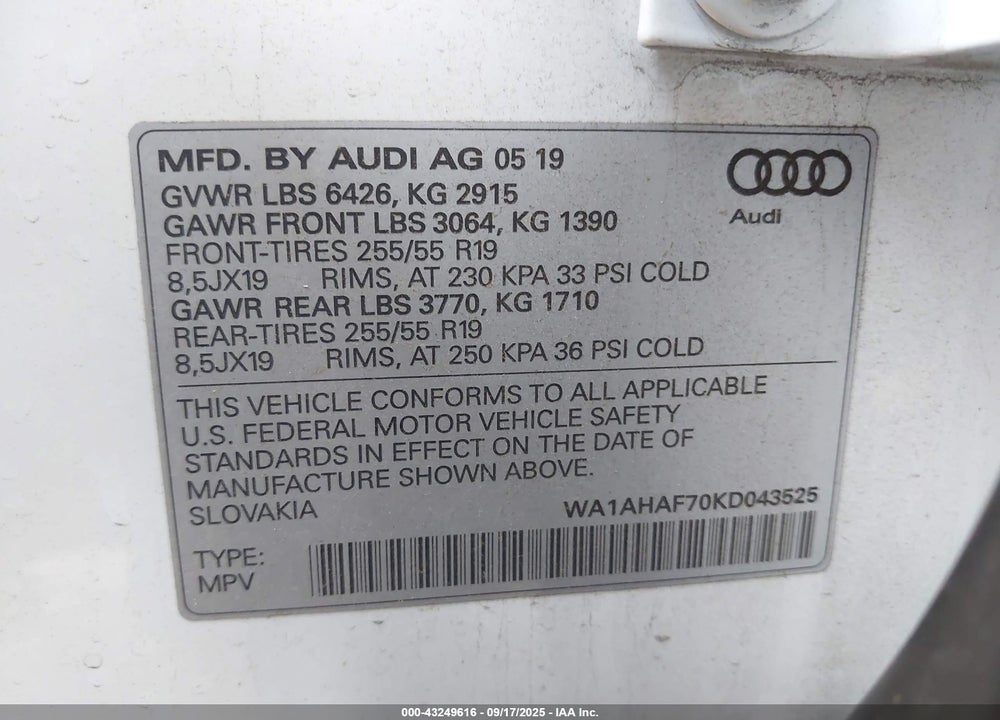 2019 AUDI Q7 VIN: WA1AHAF70KD043525
