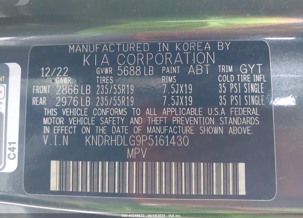 2023 KIA SORENTO HYBRID VIN: KNDRHDLG9P5161430