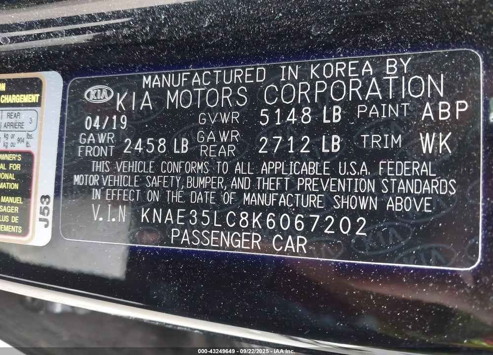 2019 KIA STINGER VIN: KNAE35LC8K6067202