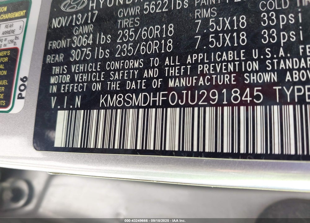 2018 HYUNDAI SANTA FE SE VIN: KM8SMDHF0JU291845