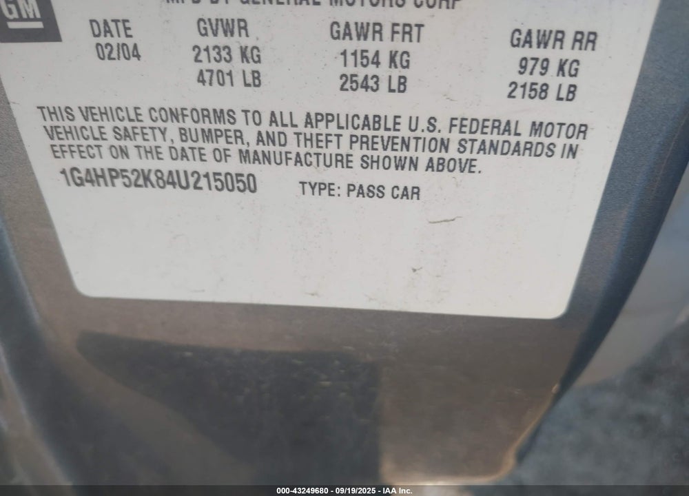 2004 BUICK LESABRE CUSTOM VIN: 1G4HP52K84U215050