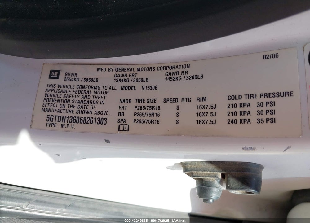 2006 HUMMER H3 SUV VIN: 5GTDN136068261303