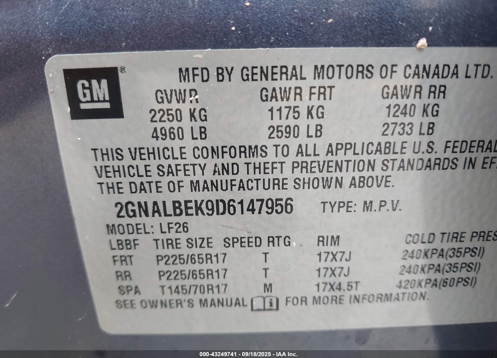 2013 CHEVROLET EQUINOX VIN: 2GNALBEK9D6147956