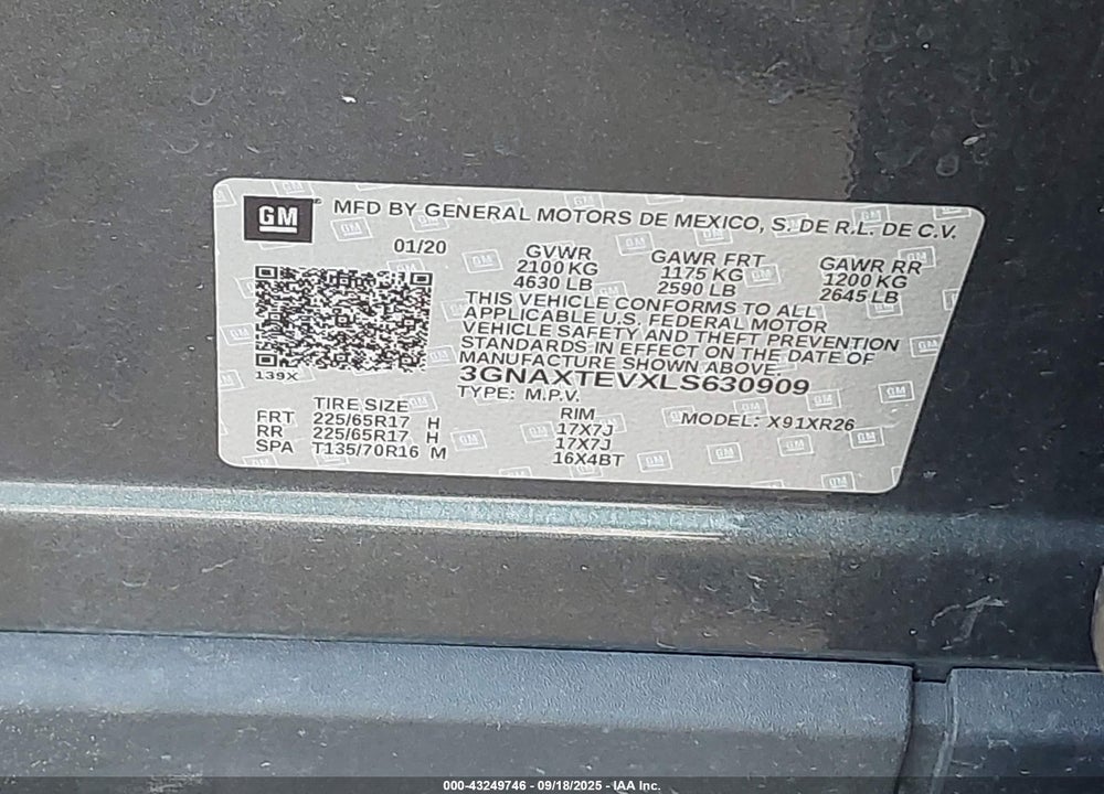 2020 CHEVROLET EQUINOX VIN: 3GNAXTEVXLS630909