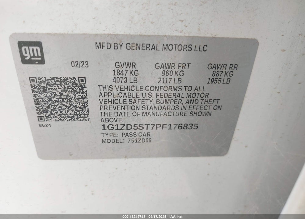 2023 CHEVROLET MALIBU FWD 1LT VIN: 1G1ZD5ST7PF176835