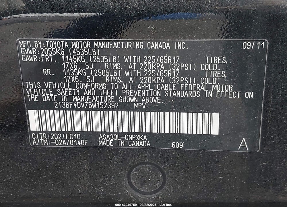 2011 TOYOTA RAV4 VIN: 2T3BF4DV7BW152392