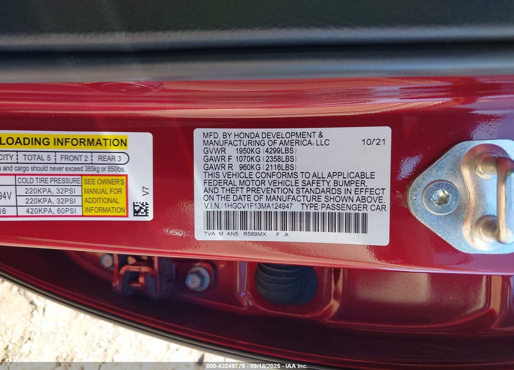 2021 HONDA ACCORD LX VIN: 1HGCV1F13MA124947