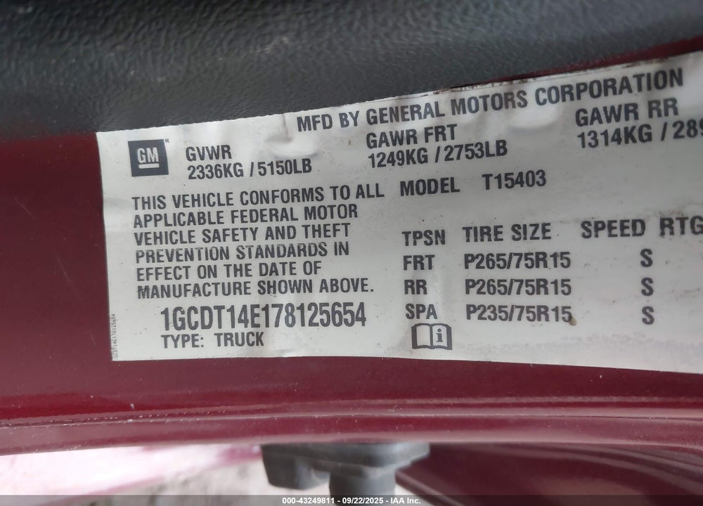 2007 CHEVROLET COLORADO VIN: 1GCDT14E178125654