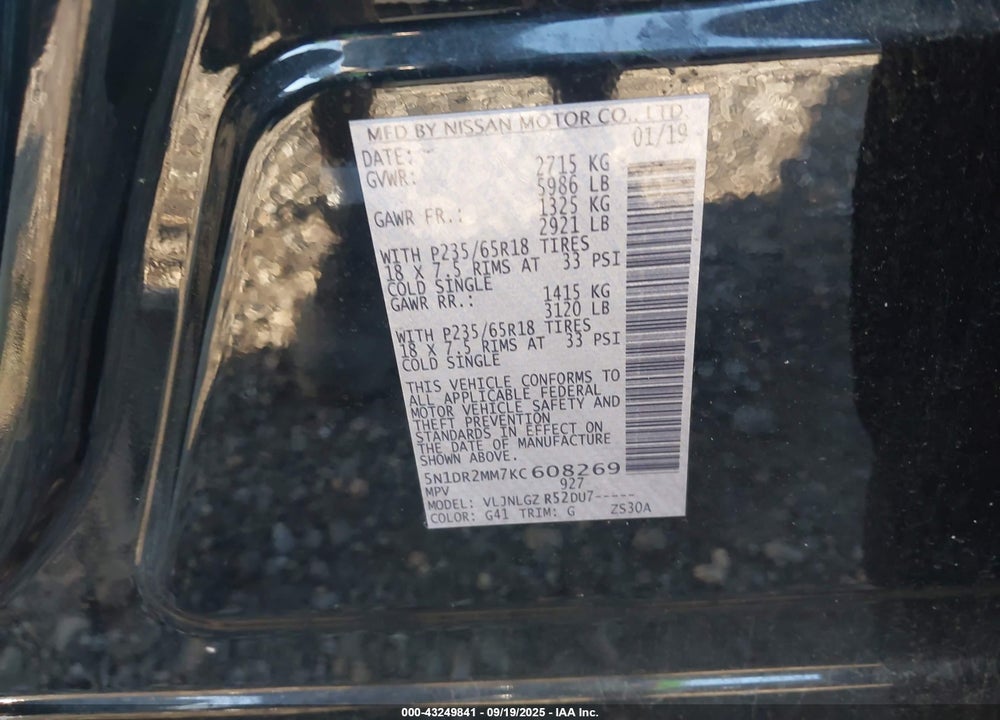 2019 NISSAN PATHFINDER VIN: 5N1DR2MM7KC608269