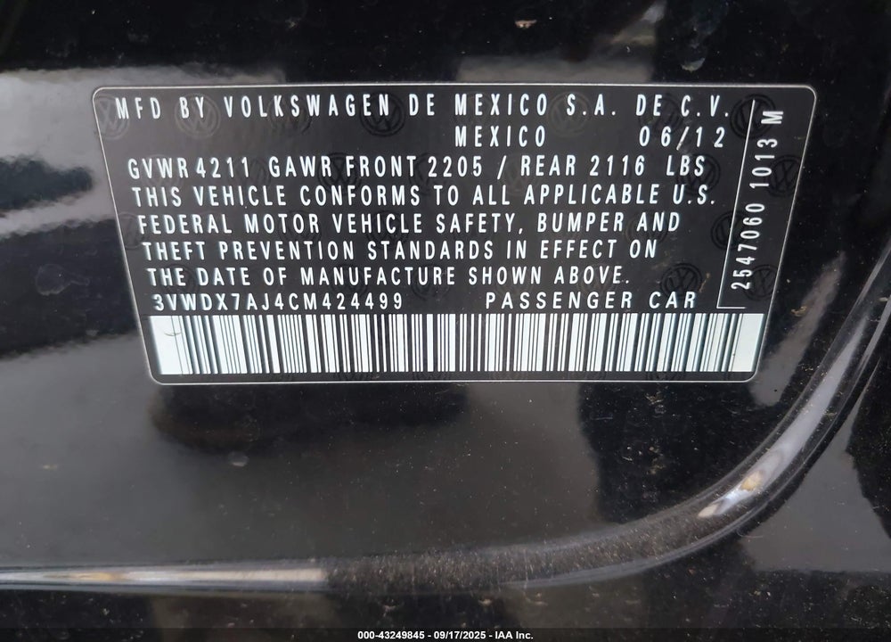 2012 VOLKSWAGEN JETTA VIN: 3VWDX7AJ4CM424499