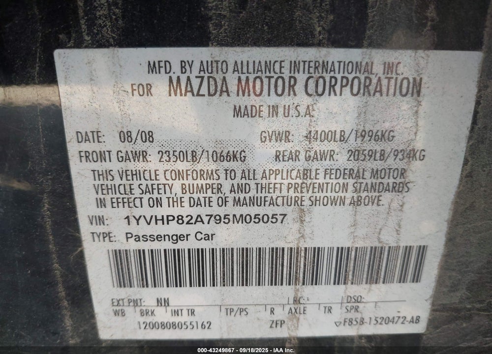 2009 MAZDA 6 VIN: 1YVHP82A795M05057