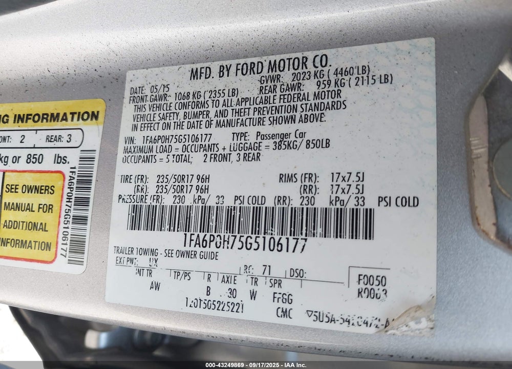 2016 FORD FUSION SE VIN: 1FA6P0H75G5106177