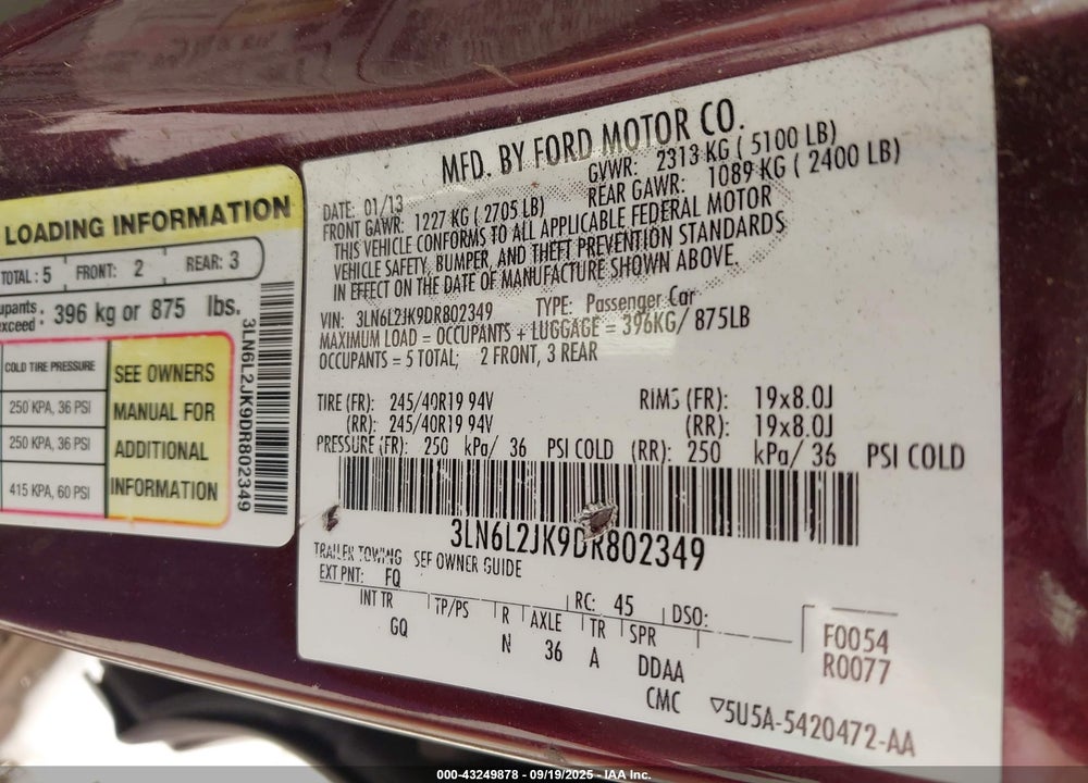 2013 LINCOLN MKZ VIN: 3LN6L2JK9DR802349