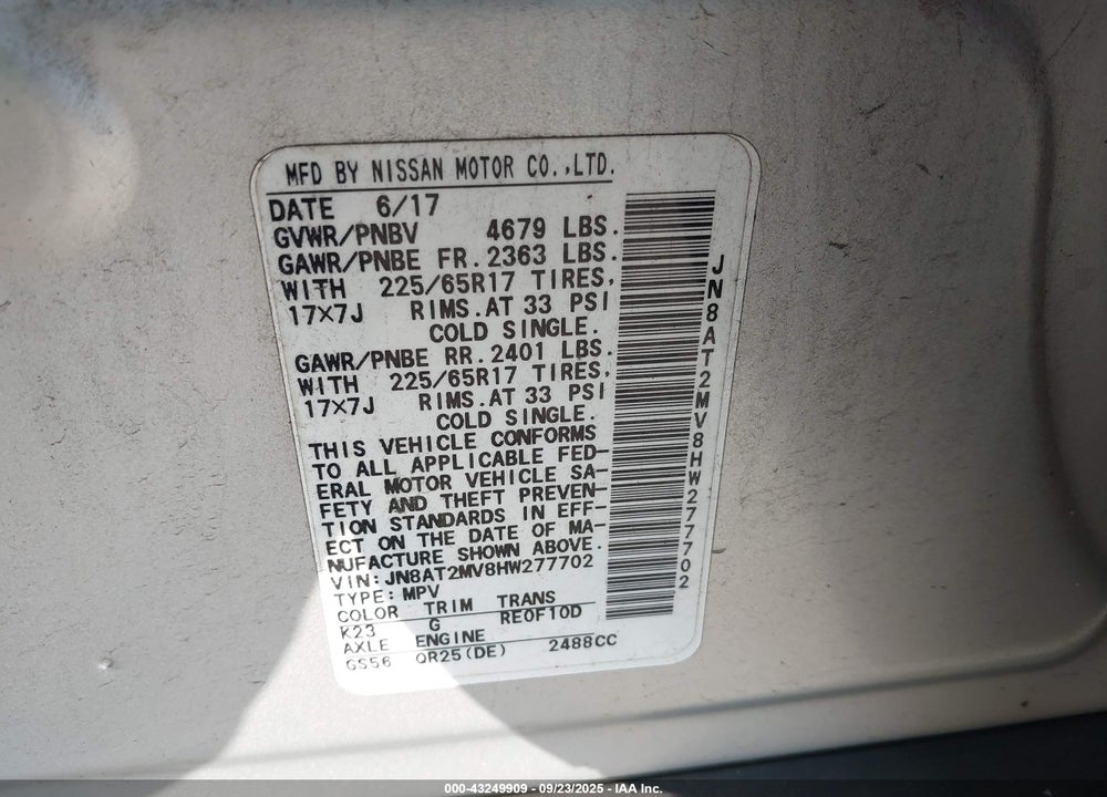 2017 NISSAN ROGUE VIN: JN8AT2MV8HW277702