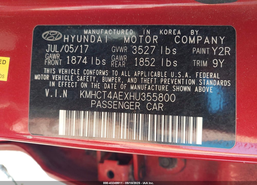 2017 HYUNDAI ACCENT VIN: KMHCT4AEXHU355800