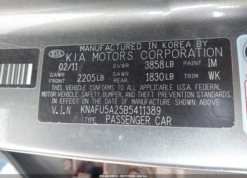 2011 KIA FORTE VIN: KNAFU5A25B5411389