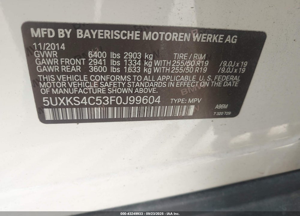 2015 BMW X5 XDRIVE35D VIN: 5UXKS4C53F0J99604