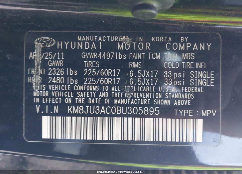 2011 HYUNDAI TUCSON VIN: KM8JU3AC0BU305895