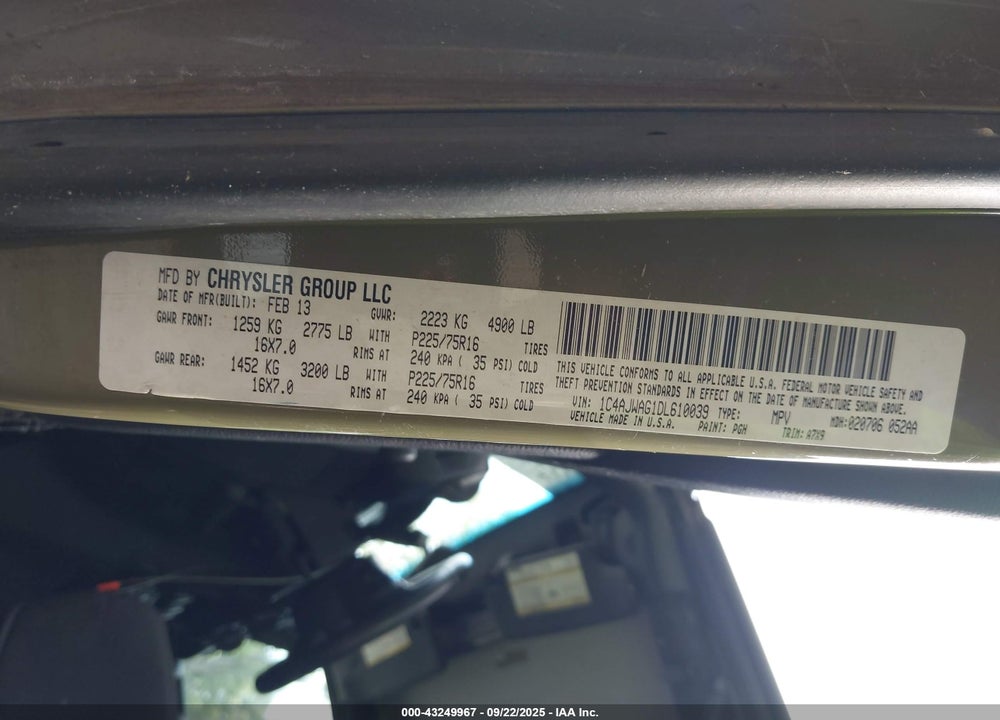 2013 JEEP WRANGLER SPORT VIN: 1C4AJWAG1DL610039