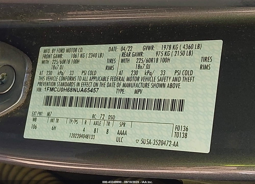 2022 FORD ESCAPE SEL VIN: 1FMCU0H68NUA65457